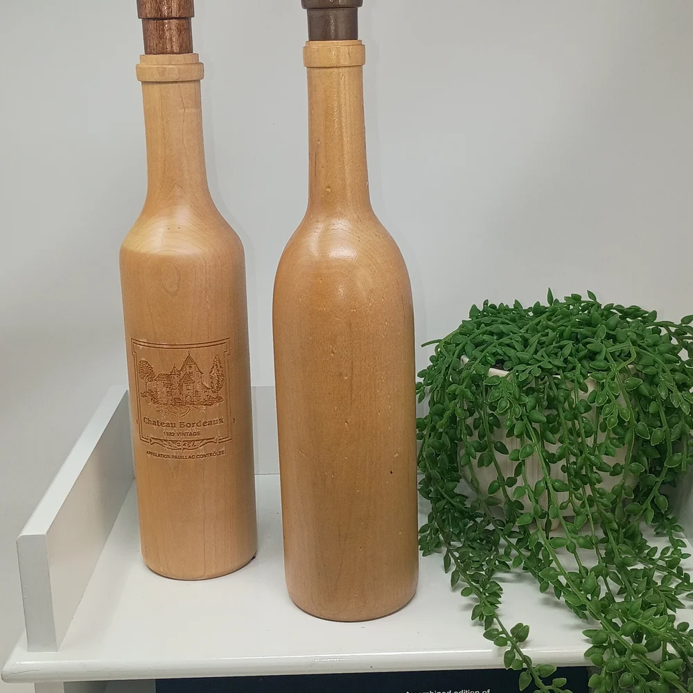 Vintage Chateau Bordeaux 1970 Wooden Wine Bottle Salt & Pepper Mill Set of 2 Eng